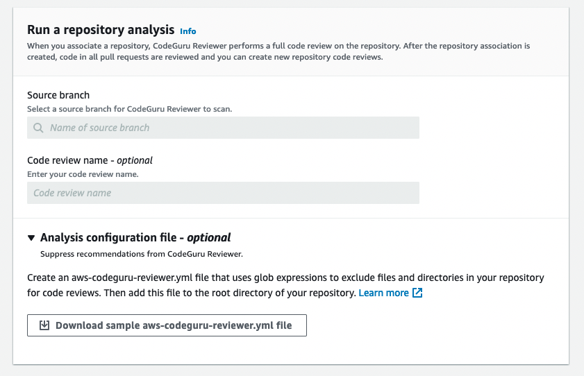 The Run a repository analysis section with settings and sample YAML file information.