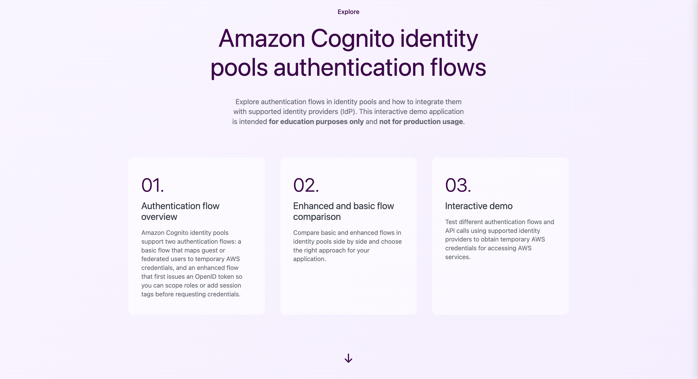 Screenshot of the Amazon Cognito identity pool demo application web interface showing the main page with authentication method options and interactive demo sections.
