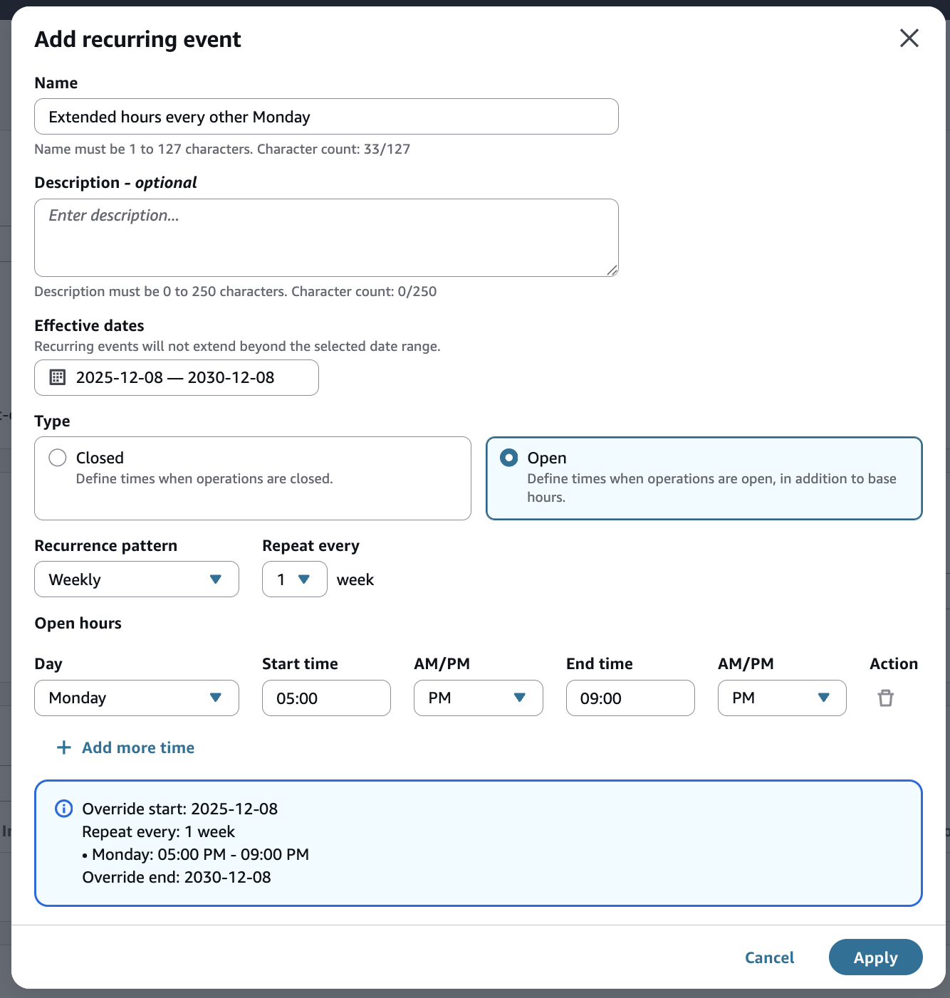 Dialog to add a recurring event for every other week.