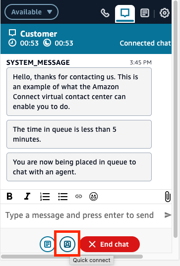 Agent control panel Quick connect button