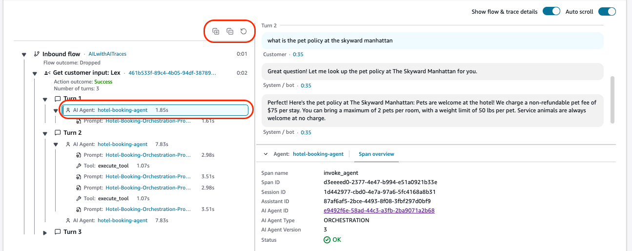 AI agent invocation activity showing trace details.