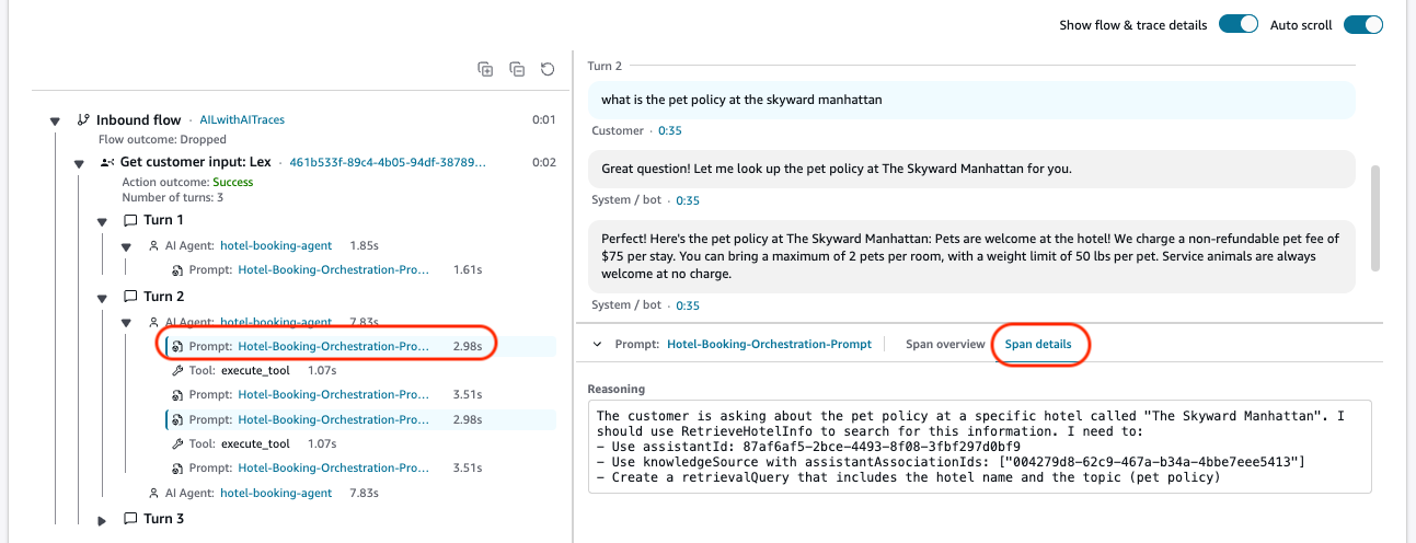 AI agent span details with knowledge base citations.