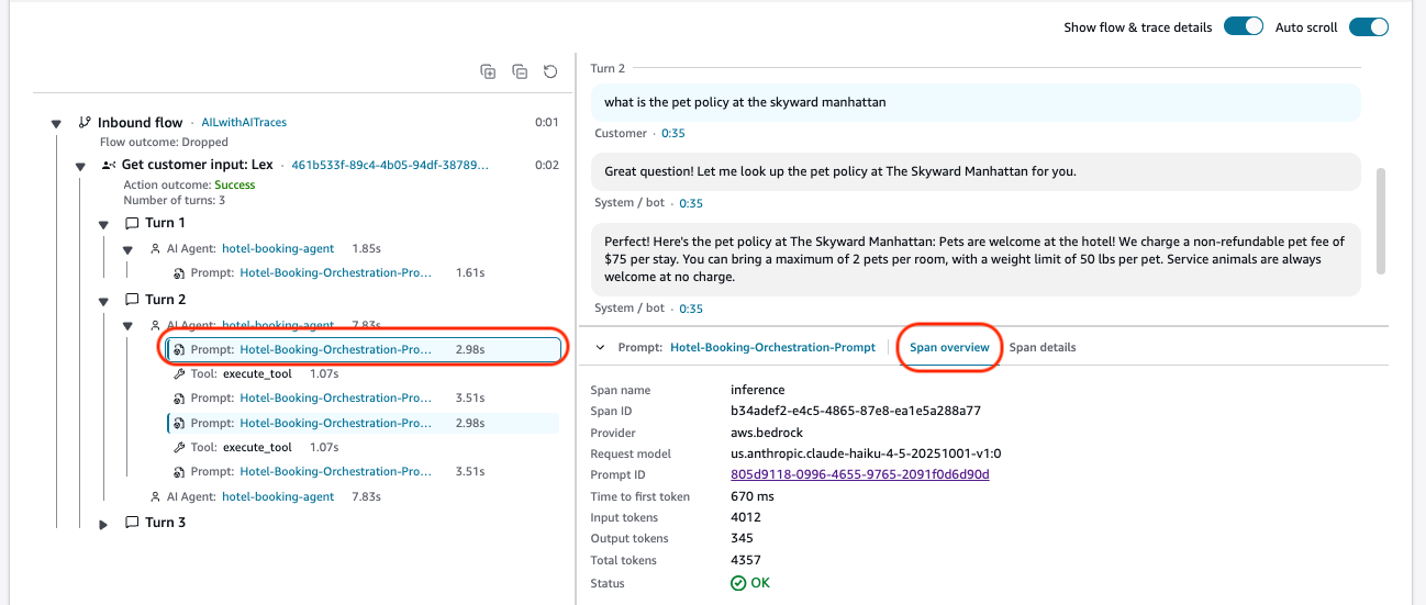 AI agent prompt and inference span trace details.