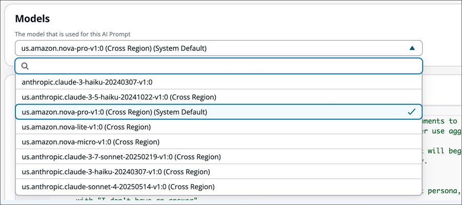 A list of AI prompt models, based on your AWS Region.