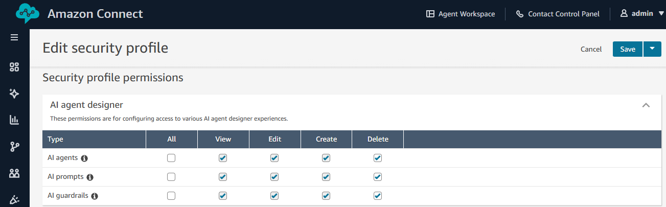 Security profile page showing AI agent designer permissions including AI Agents, AI Prompts, and AI Guardrails with All Access enabled.