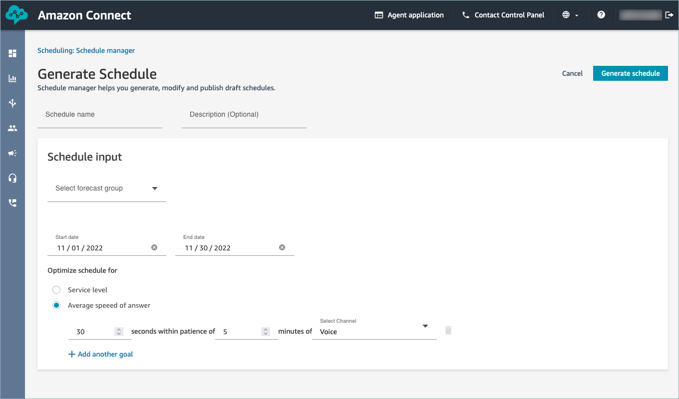 The Generate schedule page showing the average speed of answer option set to 30 seconds.