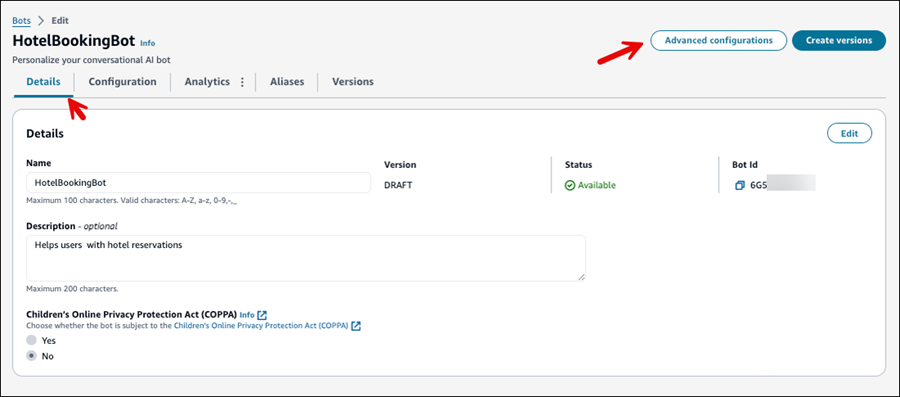 The Advanced configurations button on a bot details page.