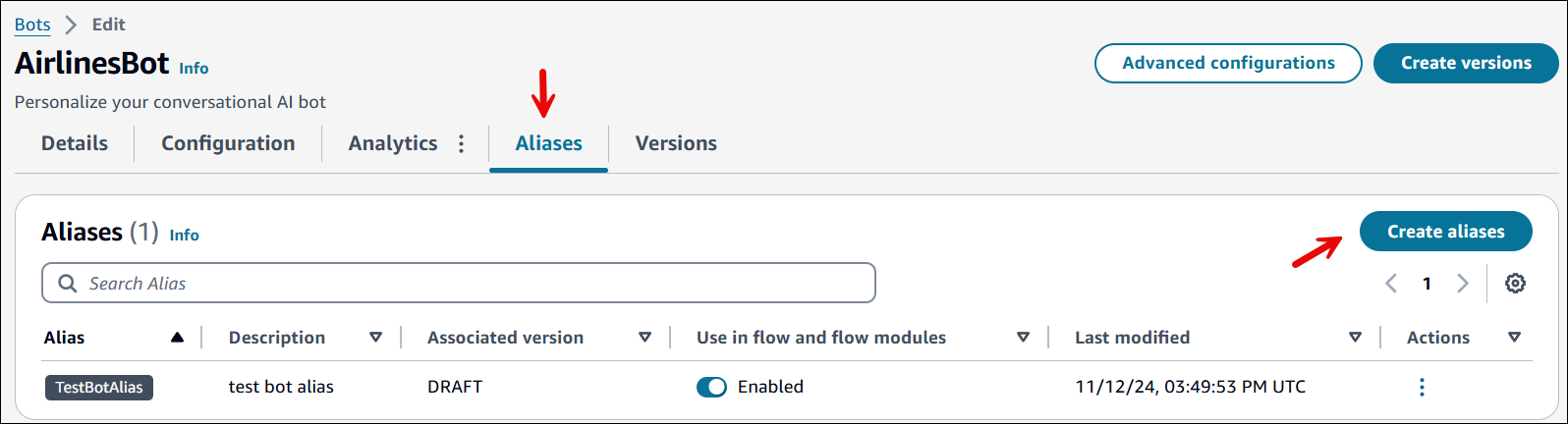 The Alias tab, the Create aliases button.