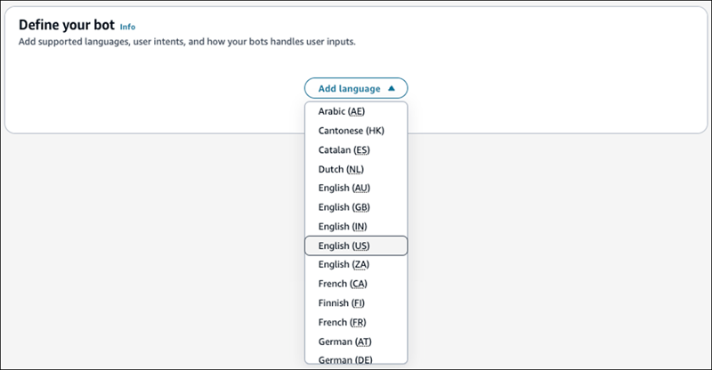 A sample Define your bot page, the Add language dropdown box.