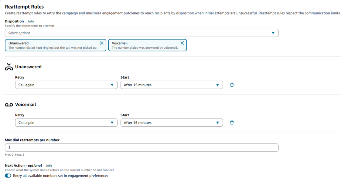 You can set the number of retry attempts and next actions, but communications will not exceed the maximum limits set for each recipient.