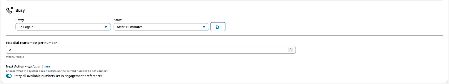 All numbers fail with "Busy"- Retry action: Call again. Max dial attempts per number: 2. Toggled to retry all available numbers for the recipient.