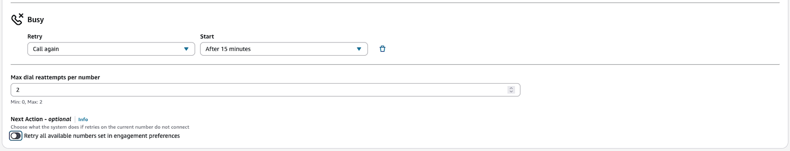 All numbers fail with "Busy"- Retry action: Call again. Max dial attempts per number: 2. Toggled NOT to retry all available numbers for the recipient.