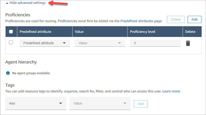 The Hide advance settings option on the User management page.