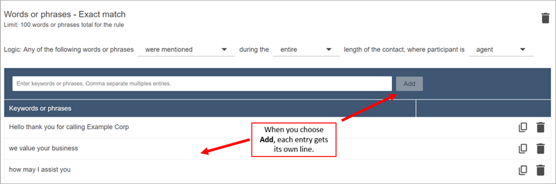 The new rules page, the Words or phrases - Exact match section, the Add button.