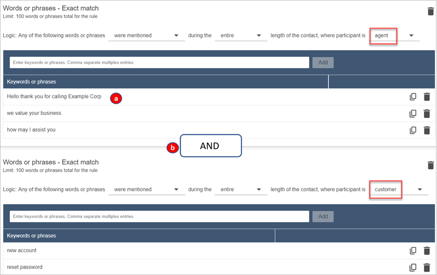 A words and phrases rule with multiple phrases for customer and agent.