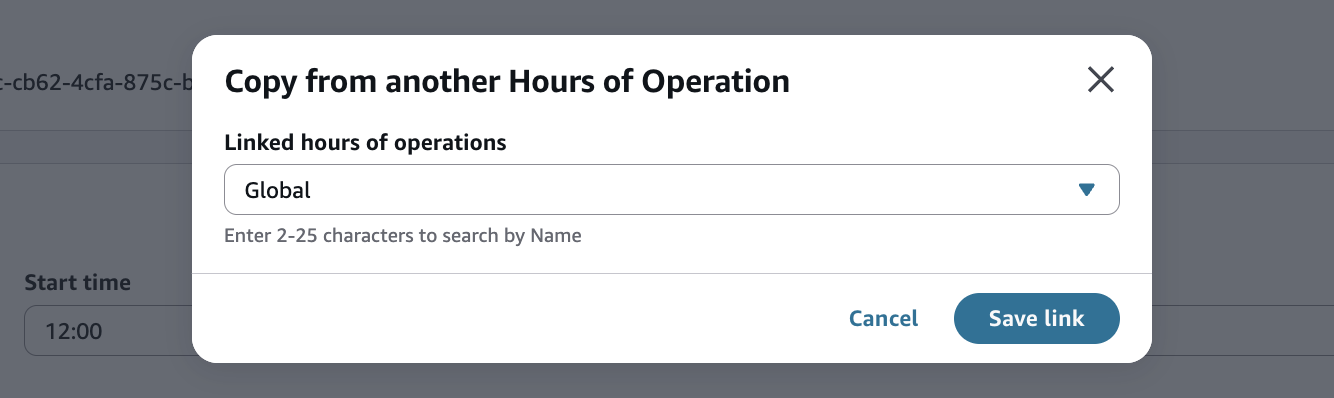 Dialog to copy overrides from a different hours of operation.