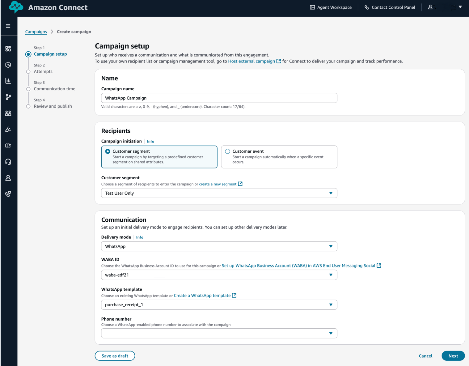 WhatsApp configuration page showing originator selection, WhatsApp message template dropdown, and template alias or version selection options.