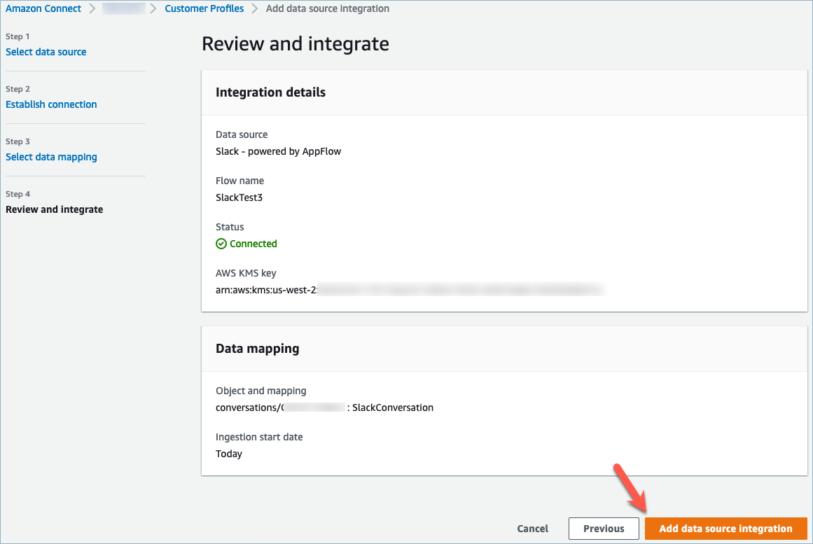 Review and integrate page, add data source integration button.