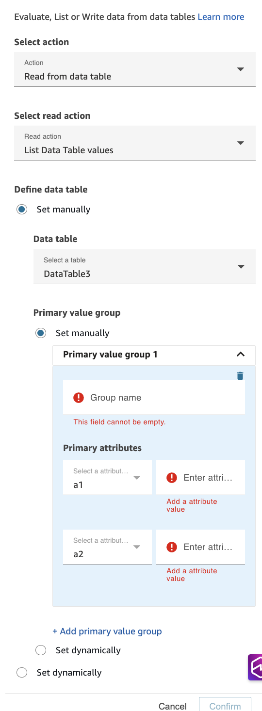 The properties page of the Data Table block configured for List action.