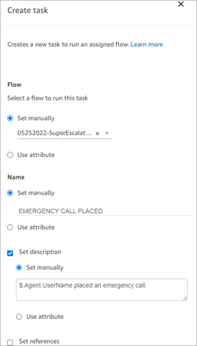 The properties page of a create task block.