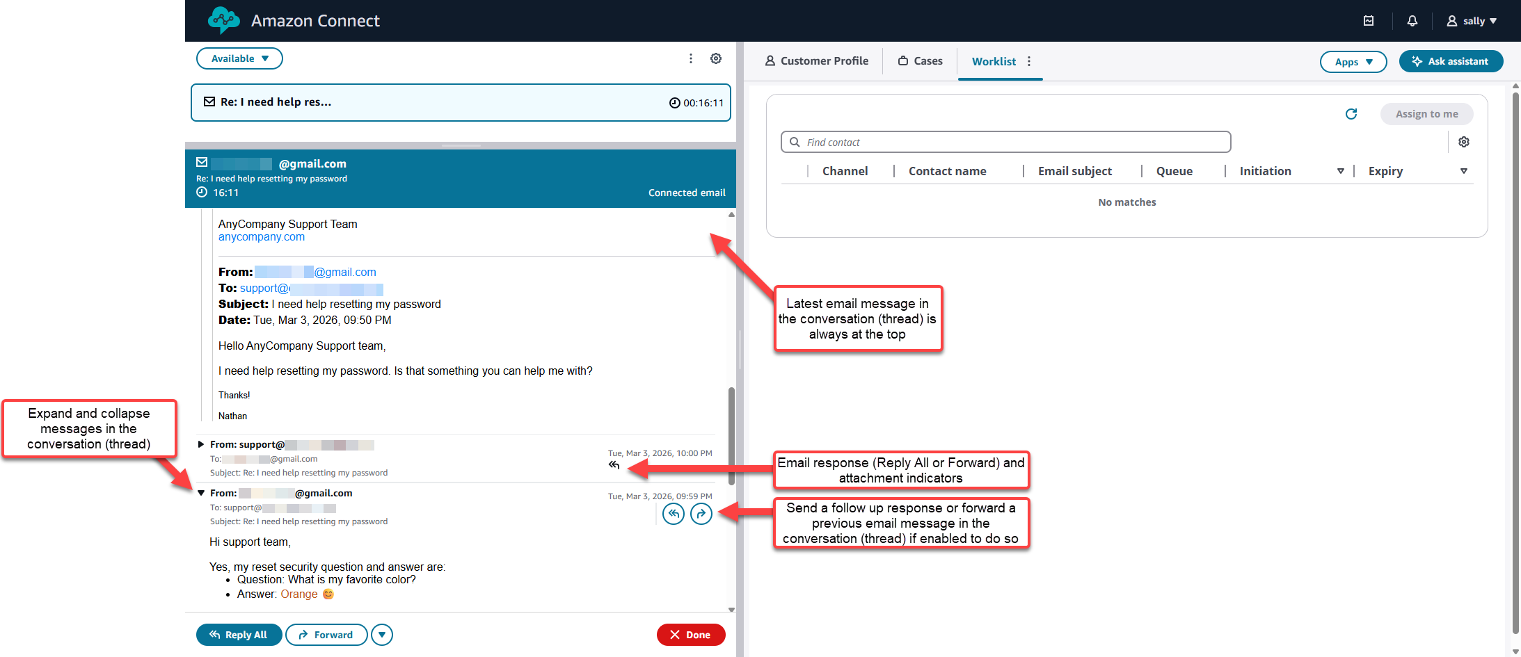 The email thread view showing the current message at the top and previous messages in chronological order below, with expand/collapse controls.