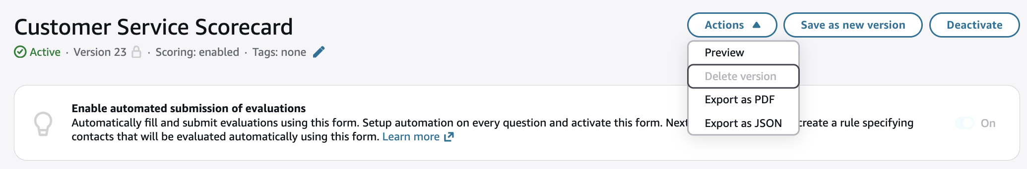 The evaluation form page, the export as json action.