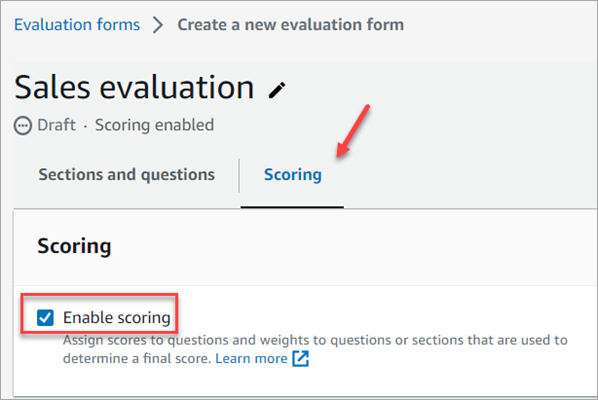 The evaluation forms page, the scoring tab, the Enable scoring checkbox.