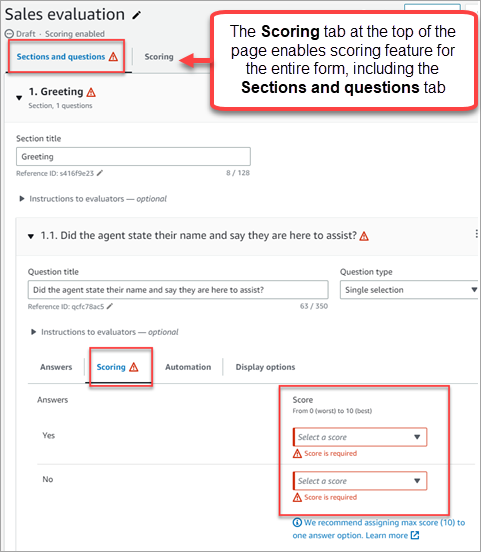 The Sections and questions tab, the scoring tab specific to the question.