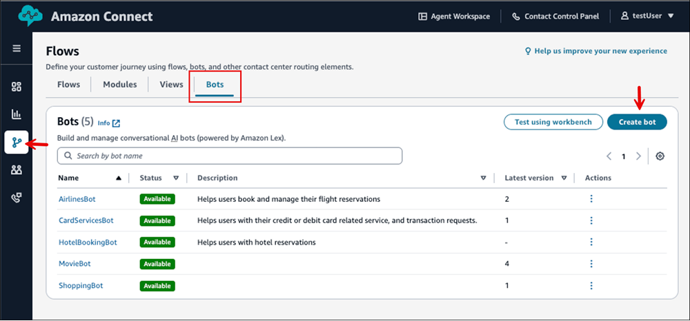 The Flows page, the Bots tab, the Create bot button.