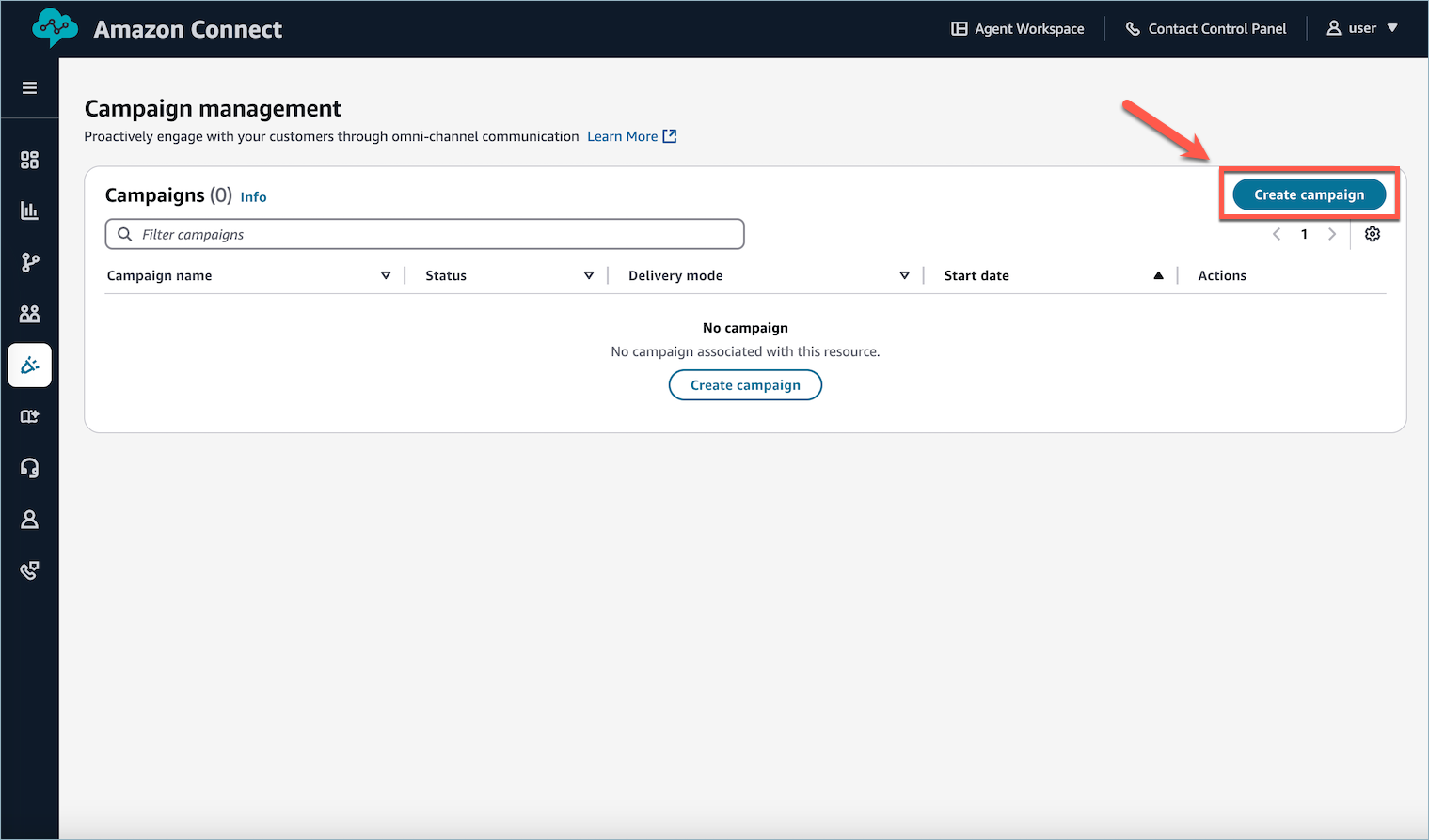 The Campaign management dashboard showing the Create campaign button in the upper right corner.
