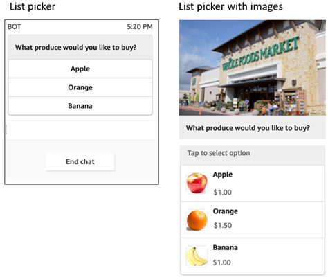 The list picker template rendering information in a chat.