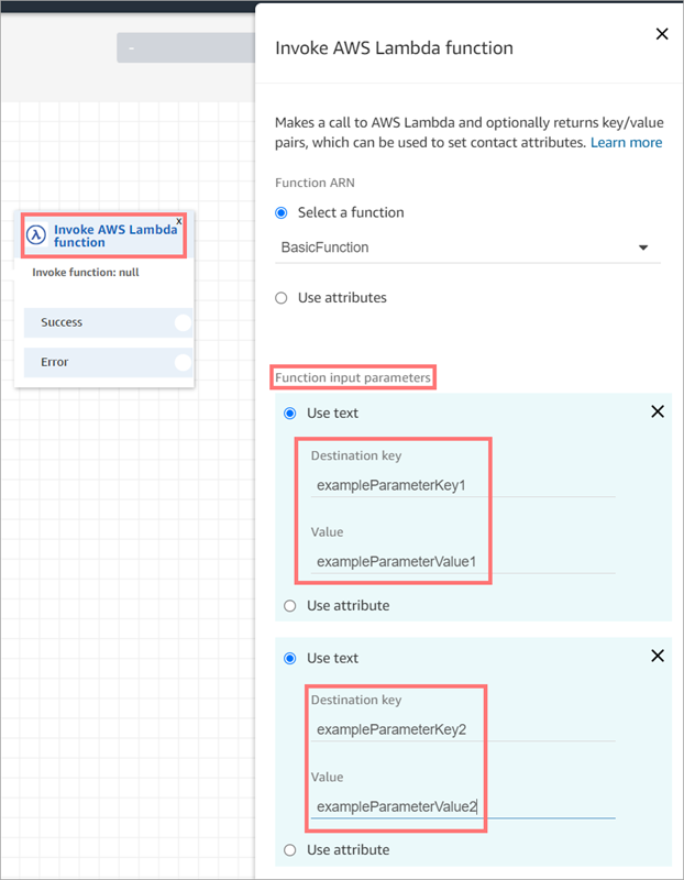 The function input parameters in the Invoke AWS Lambda function block.
