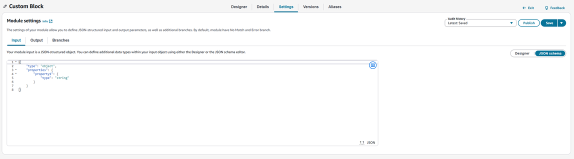 JSON schema mode for custom block module configuration.