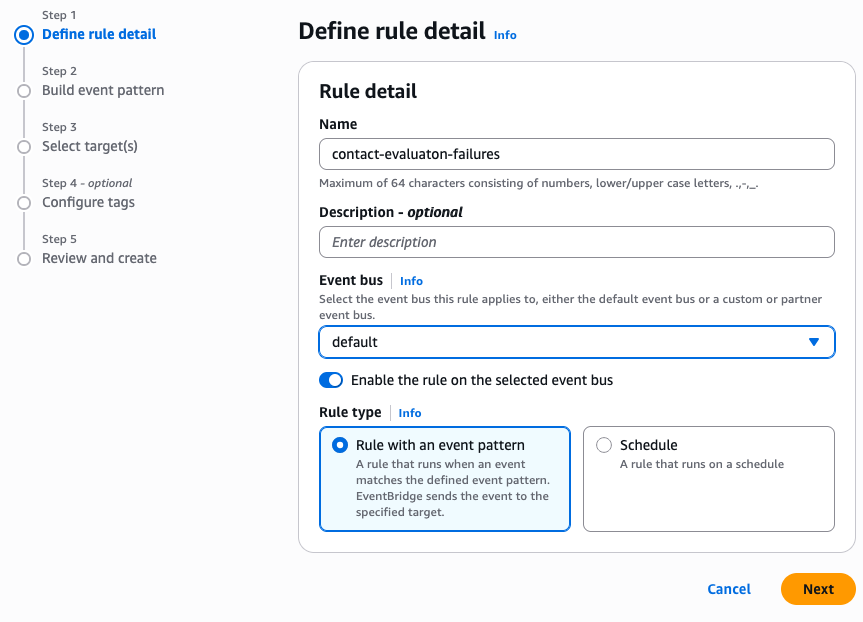 The rule name and Rule with an event pattern option selected.