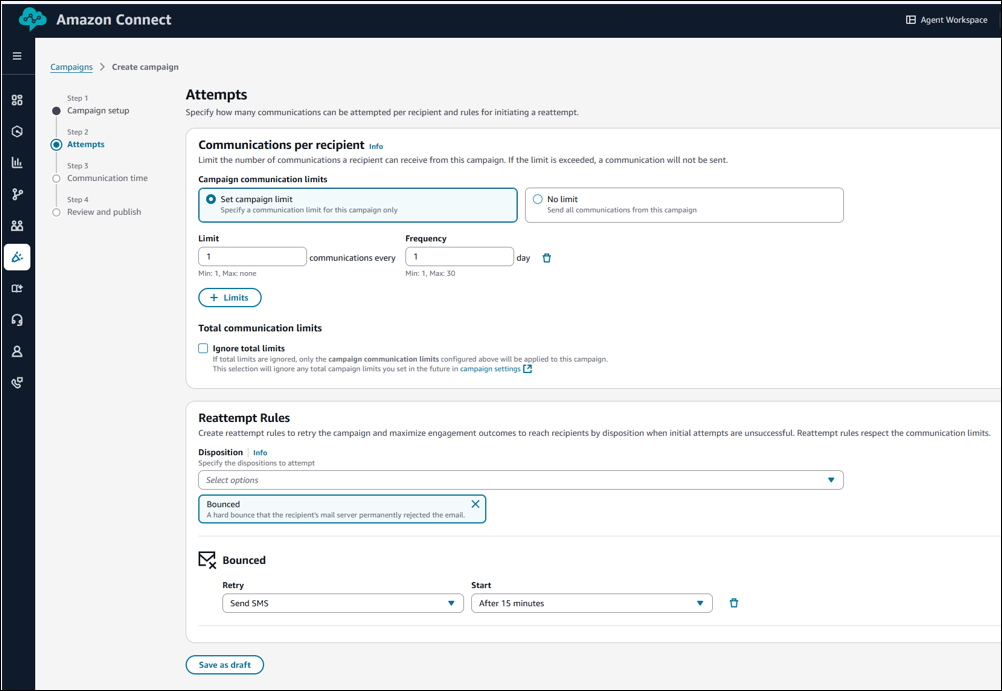 Reattempt rules configuration panel showing retry settings for failed contact attempts.