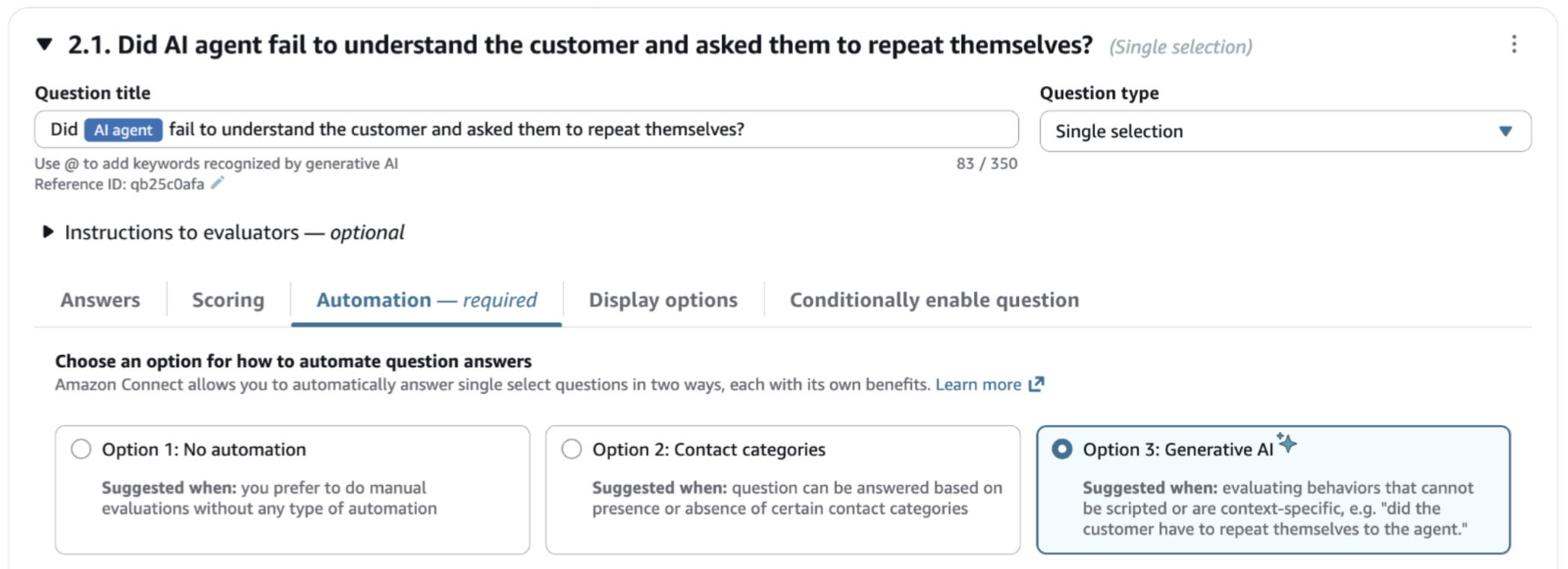 Automation tab showing Option 3: Generative AI selected for evaluating AI agent behavior.