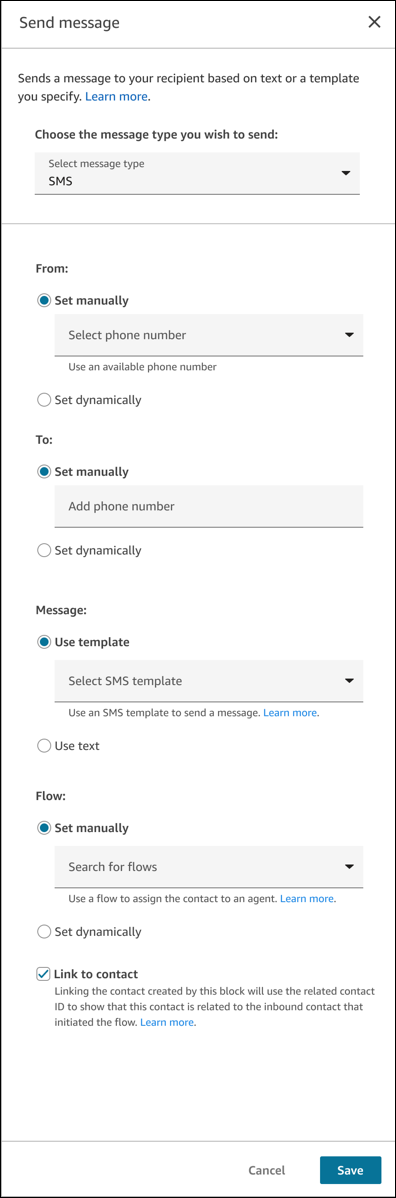 The properties page of the Send message block.