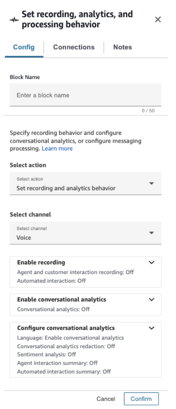 The Voice channel configuration showing recording and analytics settings.