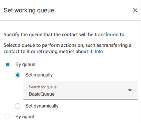 The properties page of the Set working queue block.