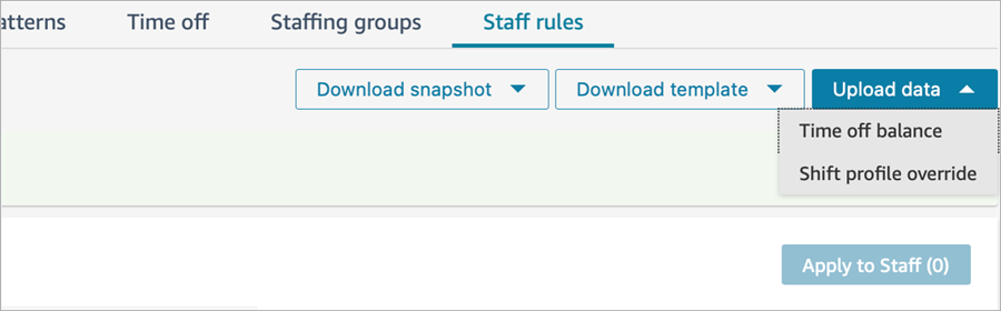 The Staff rules page, the Upload data option.