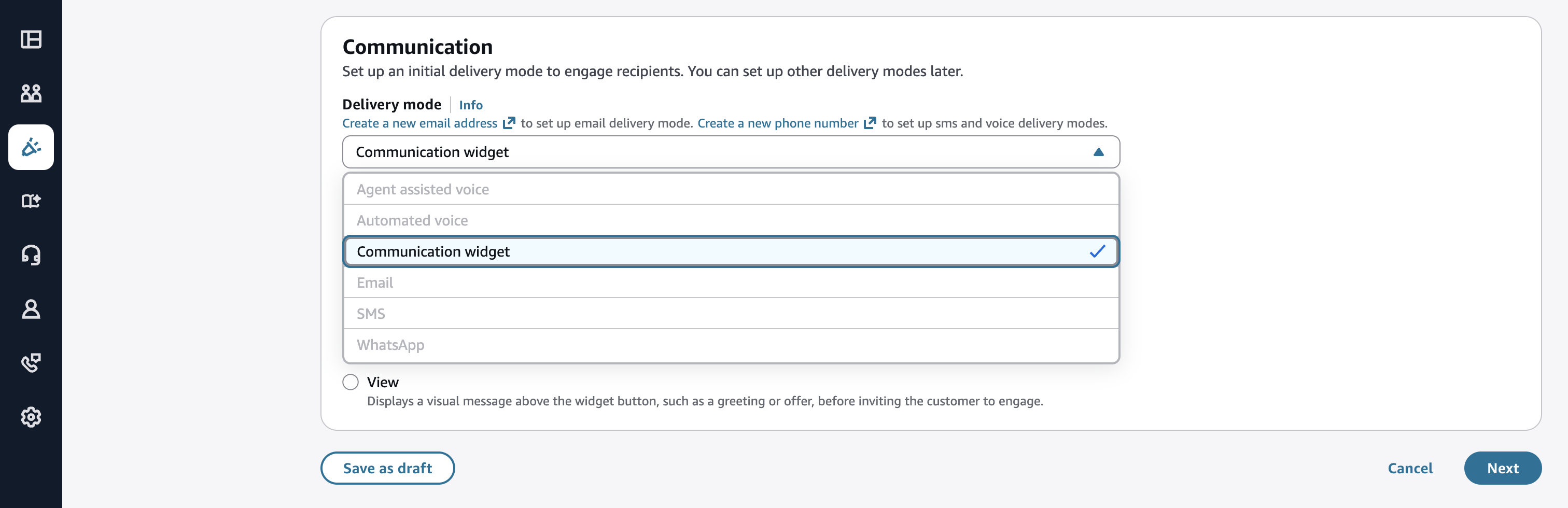 Communication section showing Delivery mode dropdown with Communication widget selected from options including Agent assisted voice, Automated voice, Email, SMS, and WhatsApp.