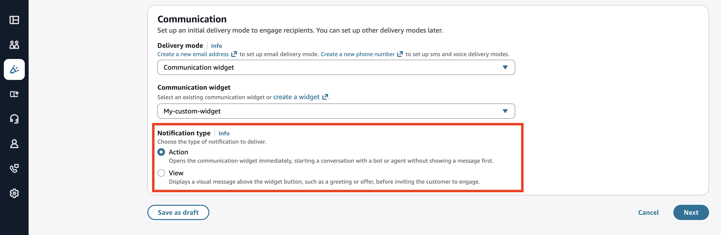 Communication section showing Communication widget dropdown with My-custom-widget selected and Notification type section with Action and View options.