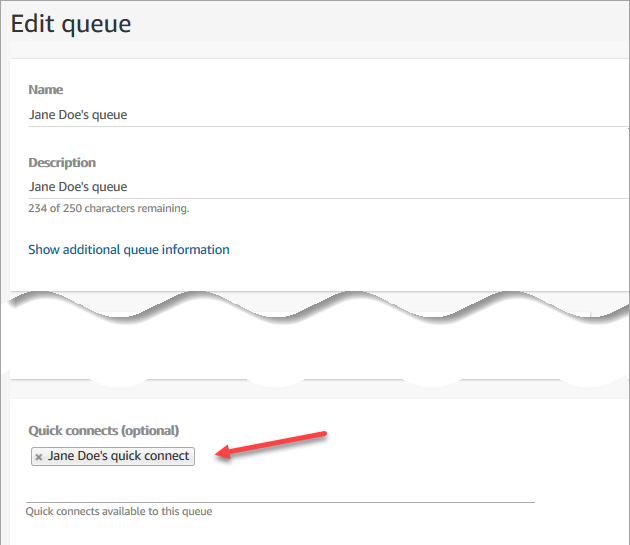 The edit queue page, the Quick connects dropdown menu, Jane Doe's quick connect.
