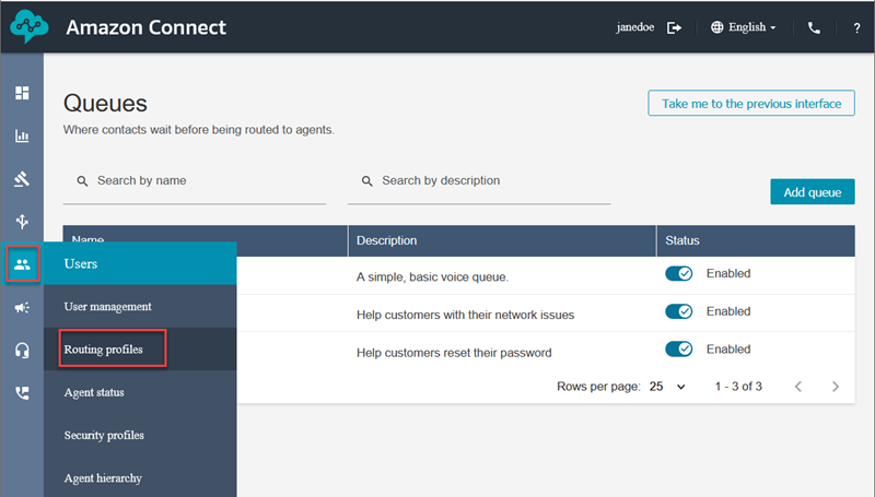 The Amazon Connect navigation menu, the Users icon, the Routing profiles option.
