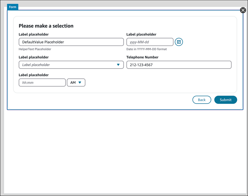 A Form component with placeholder labels and a Submit Button.