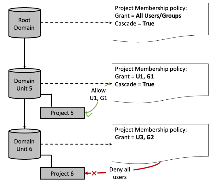 Project membership policy in the hierarchy of domain units