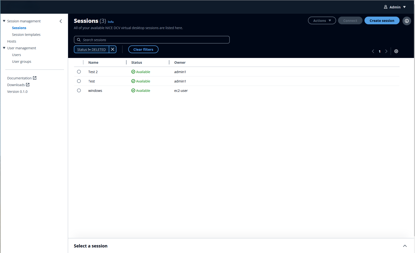 Sessions management interface showing three available virtual desktop sessions with status and owner details.
