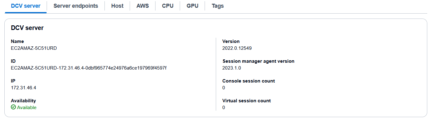 DCV server details showing name, ID, IP, version, and session information.