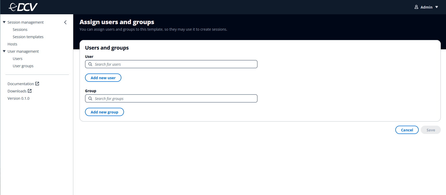 User interface for assigning users and groups to a template, with search fields and add buttons.