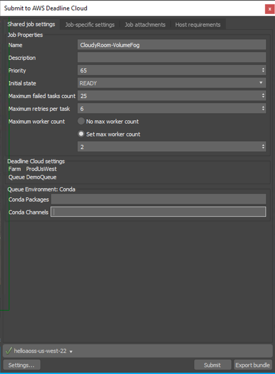 The shared job settings tab of the Deadline Cloud submitter for 3ds Max, showing job properties, Deadline Cloud settings, and the conda queue environment.